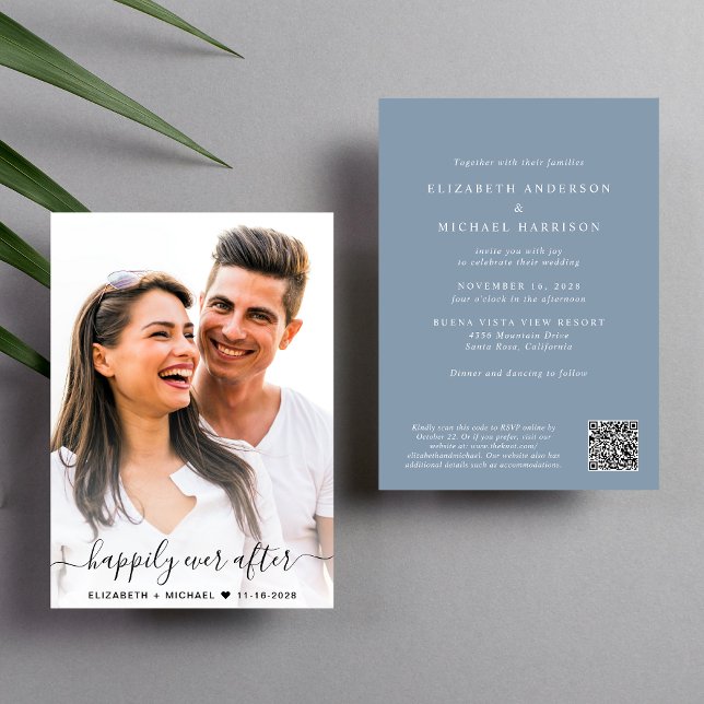 Elegantes Script Foto QR Code Dusty Blue Wedding Einladung (Elegant all-in-one wedding invite featuring your photo + a QR code linked to your wedding website)