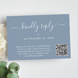Elegantes Script Foto QR Code Dusty Blue Wedding RSVP Karte