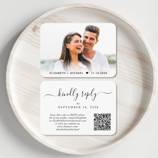 Elegantes Script Foto QR Code Hochzeit RSVP Begleitkarte (Our user-friendly template will generate your QR code automatically from your website address)