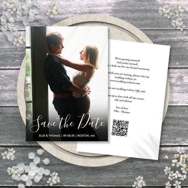 Elegantes Script Foto QR Code Hochzeit Save The Date (Elegant Script Photo QR Code Wedding Save The Date)