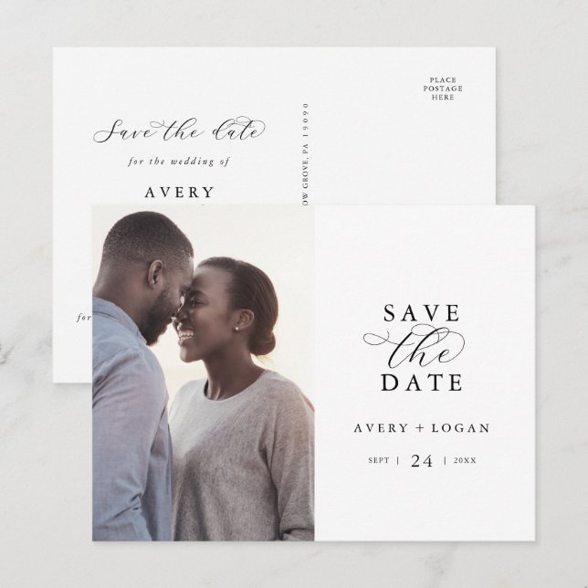 Elegantes Script-Foto Save the Date Einladungspostkarte (Vorne/Hinten)