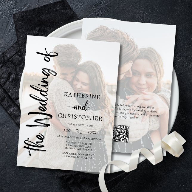 Elegantes Script-Foto Schwarz-weiß Formal Wedding Einladung (Bold Script Black and White Wedding Invitation with Two Photos, QR Code for Wedding Website.)