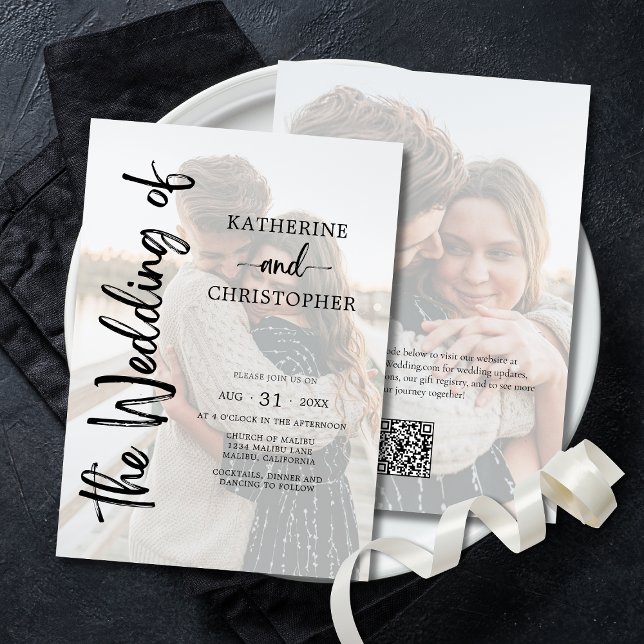 Elegantes Script-Foto Schwarz-weiß Formal Wedding Einladung (Black and White Elegant Bold Script 2-Photo Wedding Invitation with QR Code for Wedding Website.)