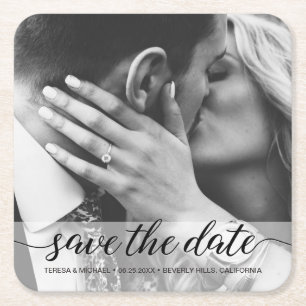 Elegantes Script Foto Verlobung Save the Date Post Rechteckiger Pappuntersetzer