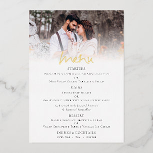 Elegantes Script-Foto Wedding Real Foil Menu Card Folieneinladung