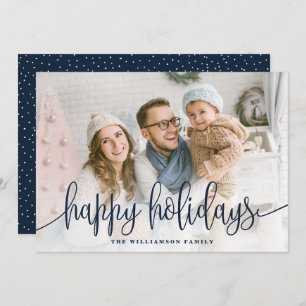 Elegantes Script Full Foto Happy Holidays Navy Feiertagskarte
