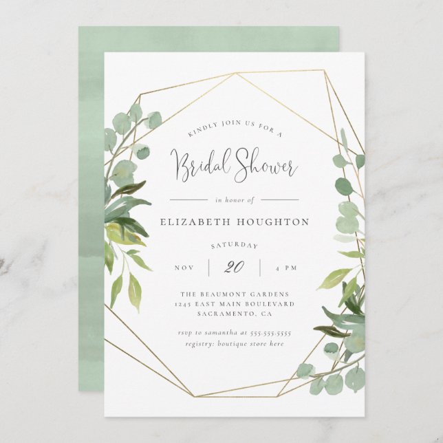 Elegantes Script Geometric Greenery-Brautparty Einladung (Vorne/Hinten)