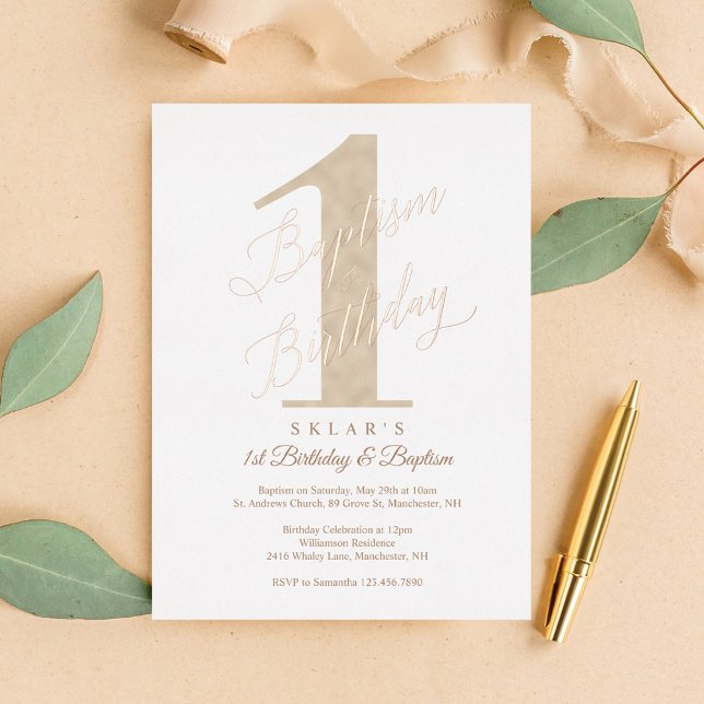 Elegantes Script Gold Baby's 1. Geburtstag & Taufe Folieneinladung (Elegant Script Gold Baby's 1st Birthday & Baptism Foil Invitation)