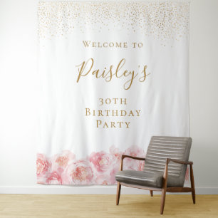 Elegantes Script Gold & Blush Blumengebäck Geburts Wandteppich