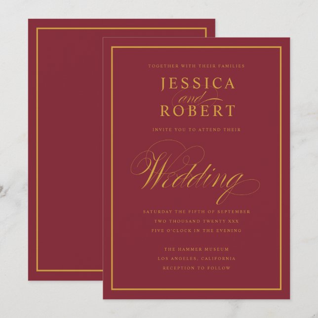Elegantes Script Gold Border Merlot Burgundy Weddi Einladung (Vorne/Hinten)