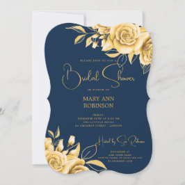 Elegantes Script Gold Floral Brautparty Navy Blue Einladung