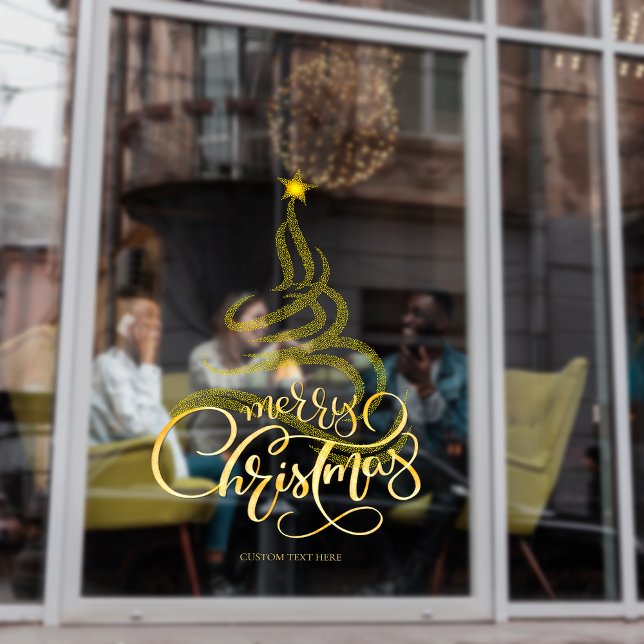 Elegantes Script Gold Frohe Weihnachtsbaum Busines Fensteraufkleber (Elegant Script Gold Merry Christmas Tree Business Storefront Window Cling)