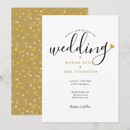 Elegantes Script Gold Heart Wedding Einladung