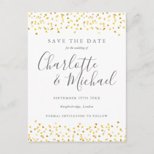 Elegantes Script Gold Hearts Confetti Save the Dat Postkarte