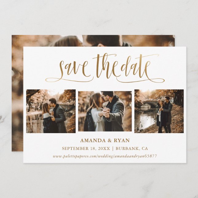 Elegantes Script Gold Wedding 4 Foto Save the Date (Vorne/Hinten)