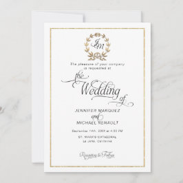 Elegantes Script Gold Wreath Monogram Foto Hochzei Einladung