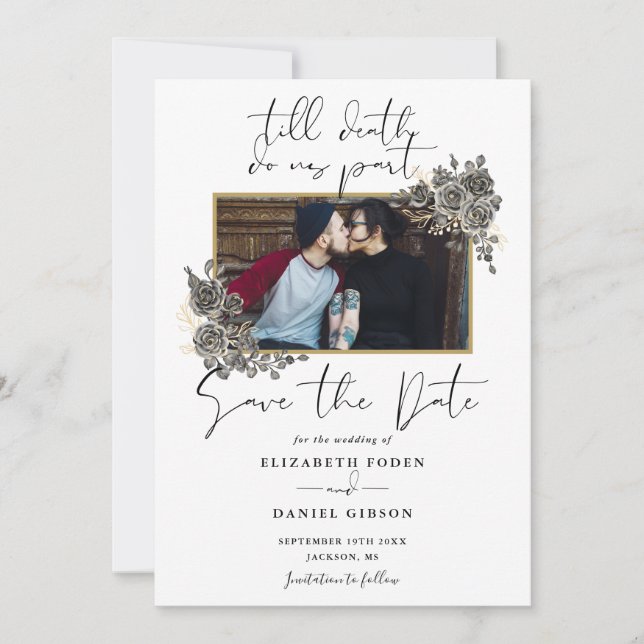 Elegantes Script Gothic Floral Foto Hochzeit Save The Date (Vorderseite)