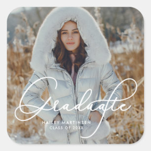 Elegantes Script Graduate Foto und Name Quadratischer Aufkleber