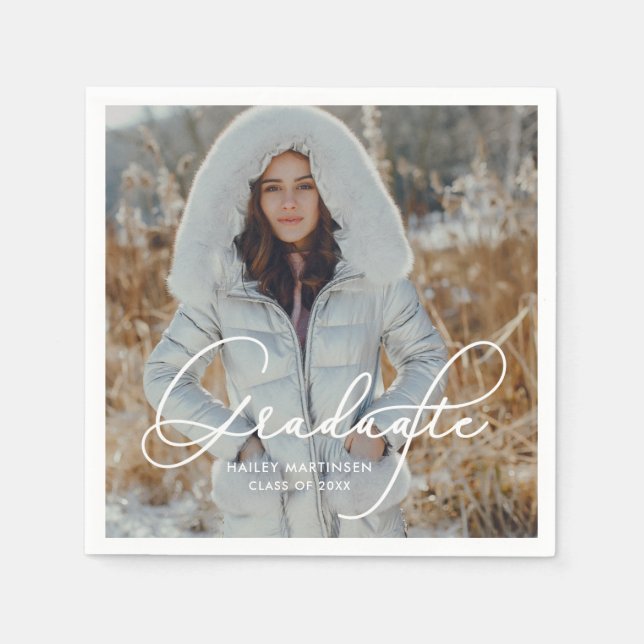 Elegantes Script Graduate Foto und Name Serviette (Vorderseite)