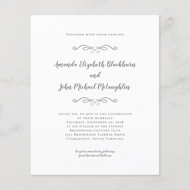 Elegantes Script Graue Budget Einladung zur Hochze (Vorderseite)