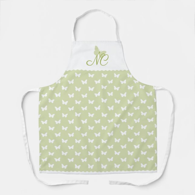 Elegantes Script Green Monogram Butterfly Pattern Schürze (Vorderseite)