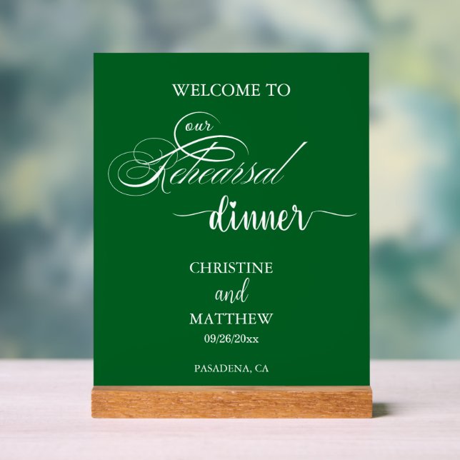 Elegantes Script Green Probe Dinner Willkommen Acrylschild (Neutral)