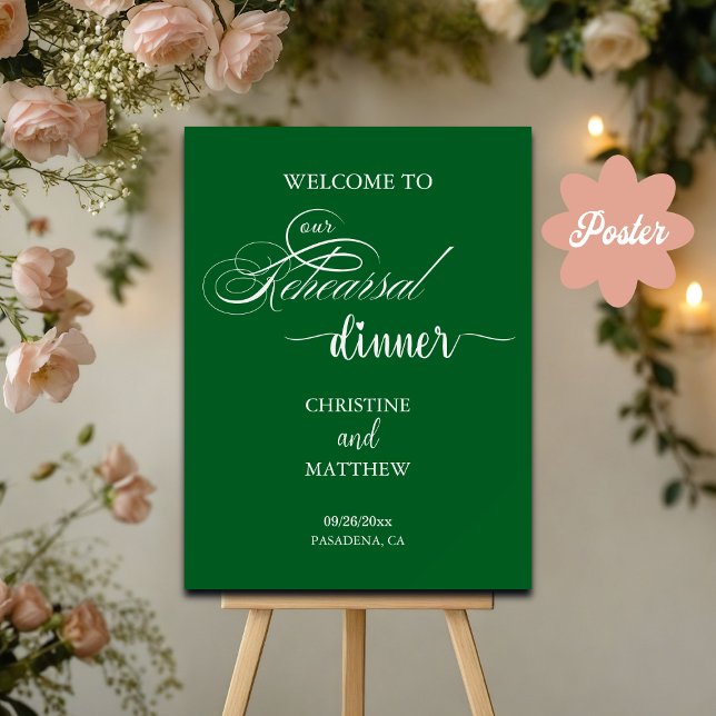 Elegantes Script Green Probe Dinner Willkommen Poster (Von Creator hochgeladen)