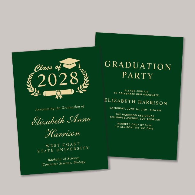 Elegantes Script Green Uni-Abschluss Party Einladung (An elegant college graduation announcement to celebrate the graduate's achievements)