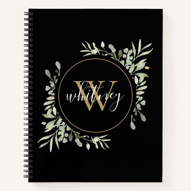 Elegantes Script Greenery Chic Gold Monogram Black Notizbuch (Vorderseite)