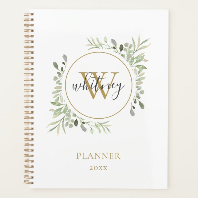 Elegantes Script Greenery Gold Monogram 2023 Planer (Vorderseite)