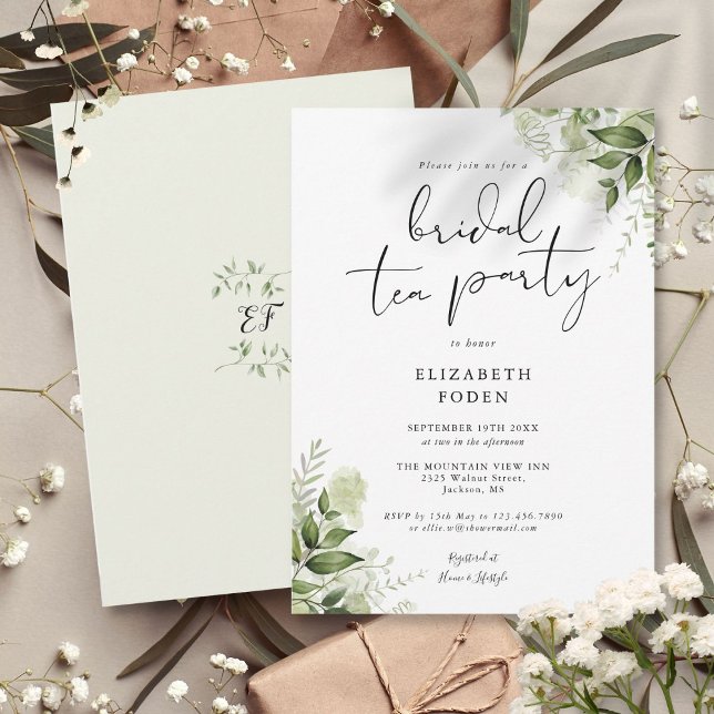Elegantes Script Greenery Monogram Bridal Tea Part Einladung (Elegant Script Greenery Monogram Bridal Tea Party Invitation)