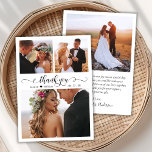 Elegantes Script Heart Foto Hochzeit Dankeschön Ka Dankeskarte<br><div class="desc">Elegante moderne Kalligraphie Script 3 Foto Collage Wedding Dankeschön Karte. Stilvolle Hochzeit dank Karte Vorlage mit drei (3) Foto auf der Vorderseite und ein (1) Foto auf der Rückseite. Mit dem "Dankeschön"-Text in einer Wirblen Hand mit Schriftzeichen aus Kalligraphie oder Typografie schwash Schwanz Schriftart-Skript in schwarz auf weißem Hintergrund. Kleines...</div>