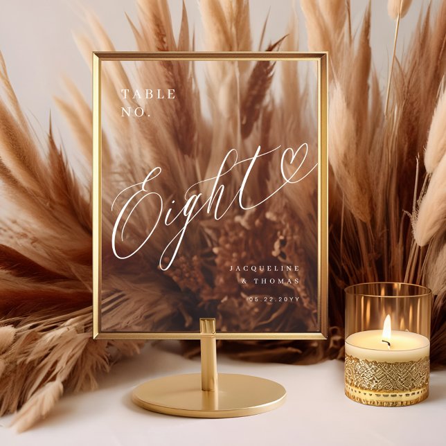 Elegantes Script Heart Wedding Tischnummer Aight Acrylschild (Elegant Script Heart Wedding Table Number Eight Acrylic Sign)