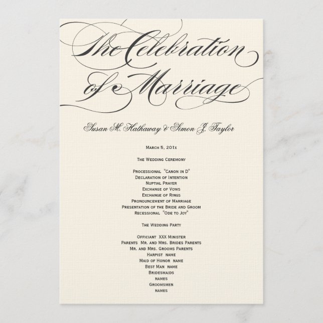 Elegantes Script-Hochzeitsprogramm - Black Off Whi Programm (Vorderseite)