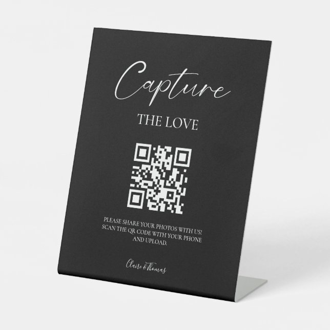 Elegantes Script Hochzeitsskript-Foto - QR-Code Sockelschild (Vorderseite)