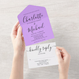 Elegantes Script Lavender Lilac Minimalistisch Wed All In One Einladung