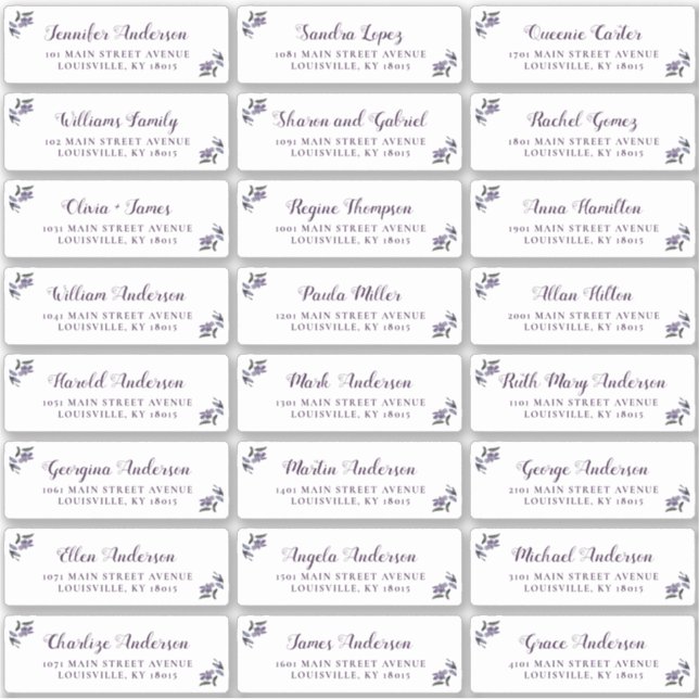 Elegantes Script Lila Floral Guest Address Labels (Vorderseite)