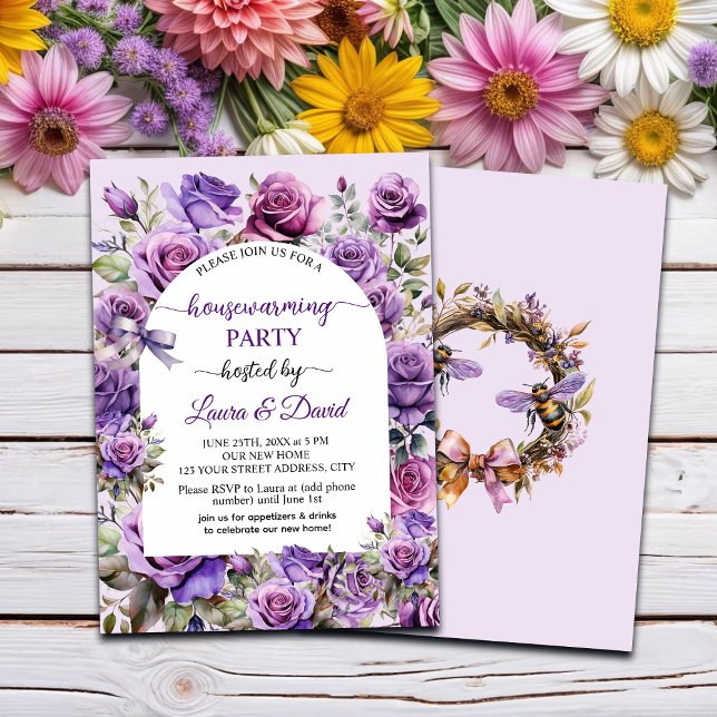Elegantes Script Lila Rose Housewarming Party Einladung (Von Creator hochgeladen)