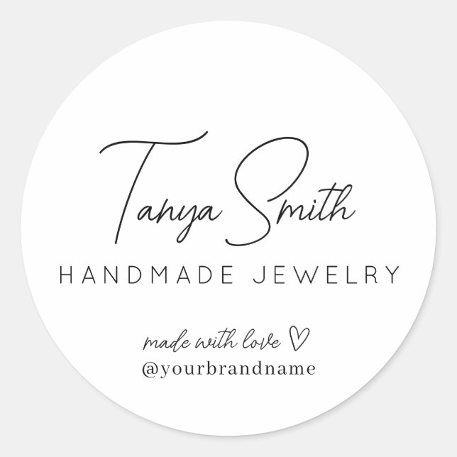 Elegantes Script Made Liebe Heart Jewelry Business Runder Aufkleber (Vorderseite)
