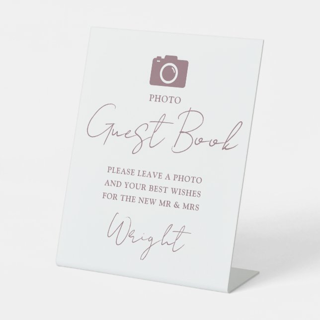 Elegantes Script Mauve Foto Gästebuch Hochzeit Sockelschild (Vorderseite)