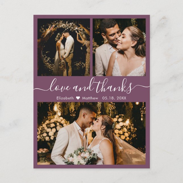 Elegantes Script Mauve Wedding Vielen Dank Postcar Postkarte (Vorderseite)
