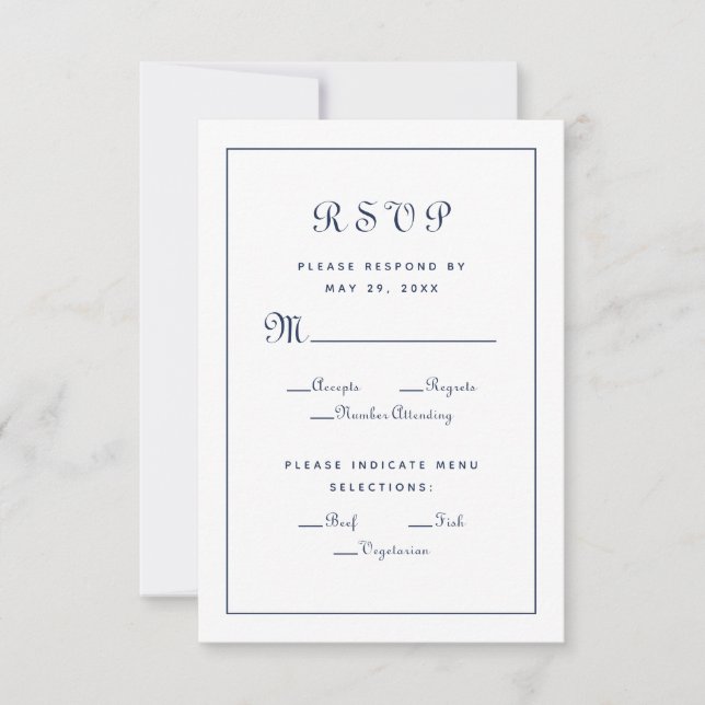 Elegantes Script Meal Blue White Wedding Enclosure RSVP Karte (Vorderseite)