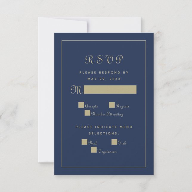 Elegantes Script Meal Wedding Enclosure Blue Gold RSVP Karte (Vorderseite)