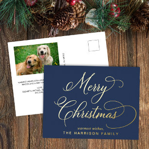 Elegantes Script Merry Christmas Blue Foto Folien Feiertagspostkarte