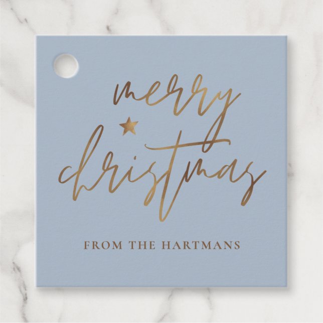 Elegantes Script Merry Christmas Gold Star Blue Geschenkanhänger (Vorderseite)