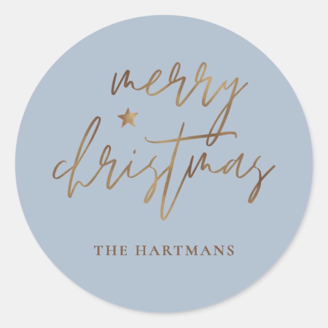 Elegantes Script Merry Christmas Gold Star Blue Runder Aufkleber (Vorderseite)