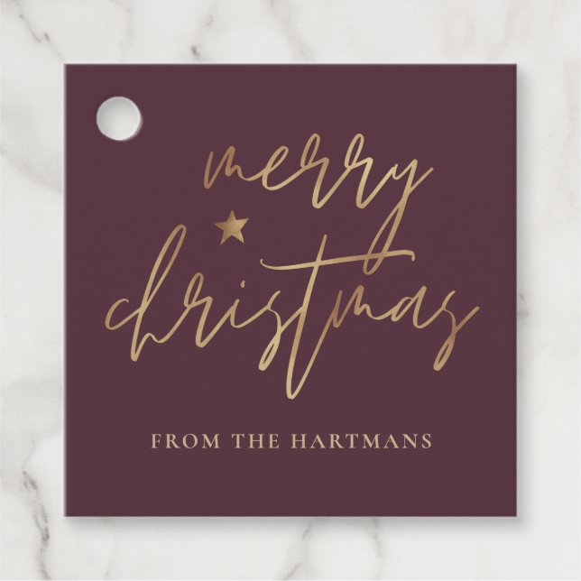 Elegantes Script Merry Christmas Gold Star Burgund Geschenkanhänger (Vorderseite)