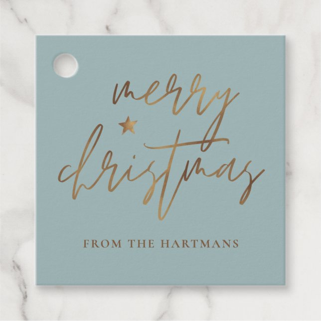 Elegantes Script Merry Christmas Gold Star Lite Aq Geschenkanhänger (Vorderseite)