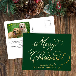 Elegantes Script Merry Christmas Green Foto Folien Feiertagspostkarte