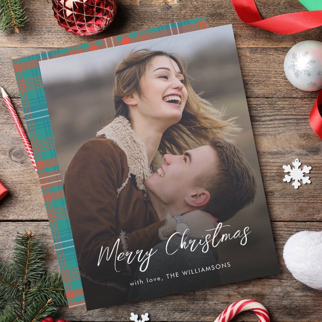 Elegantes Script Merry Christmas Wilson Tartan Fot Mitteilungskarte (Elegant Script Merry Christmas Wilson Tartan Photo Note Card)